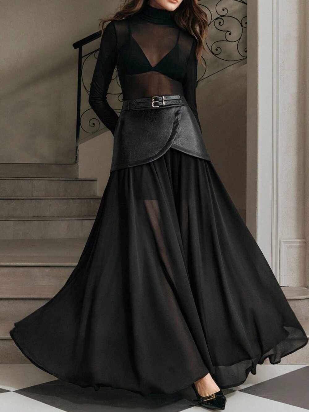 Black Casual Women's High Waist Double Belt Chiffon Patchwork Long Skirt - Picture 5 of 7